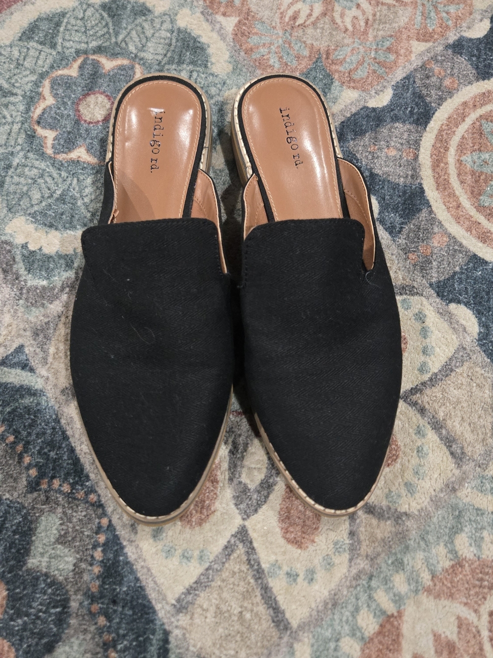 Indigo Black Pointed Slip-On Stacked Heel Mules 9.5M